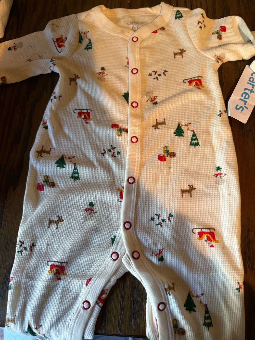 Carter's Cream Holiday Print Snug-Fit Footie with Red Snap Accents